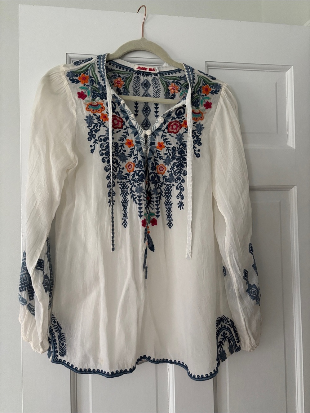 Johnny Was Cream Peasant Blouse with Navy & Multicolor Embroidery